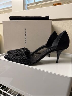 Giorgio Armani Black Pointed D'Orsay Stiletto Heels with Loop Embroidery Sz 40